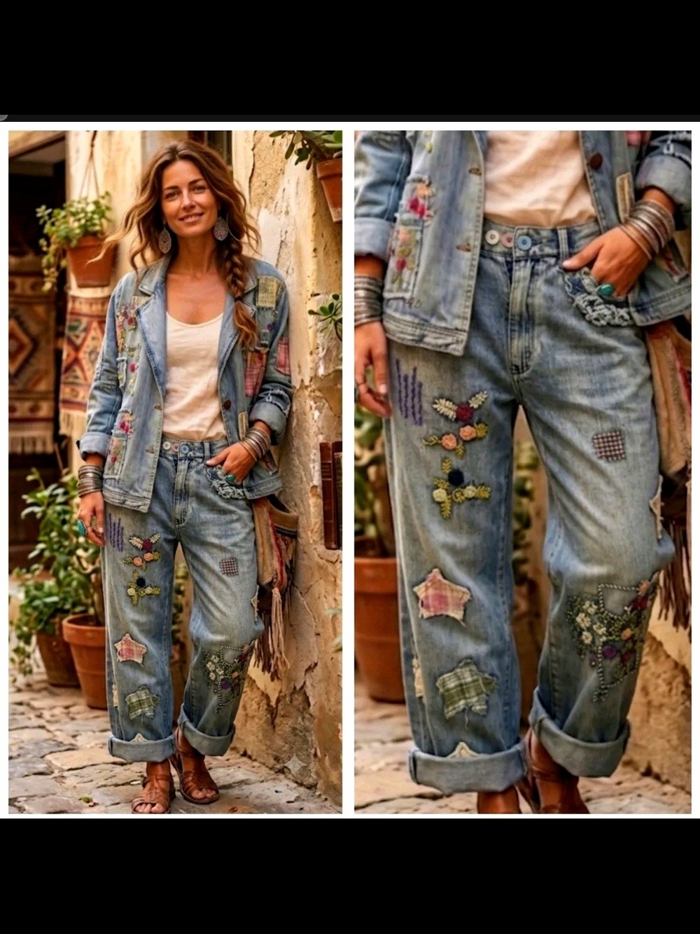 Blue Velvet Boho Embroidered Patchwork  Jeans